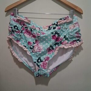 Hot Topic Womens XL Floral Polka Dot High Waisted Bikini Bottoms Teal Pink Bows